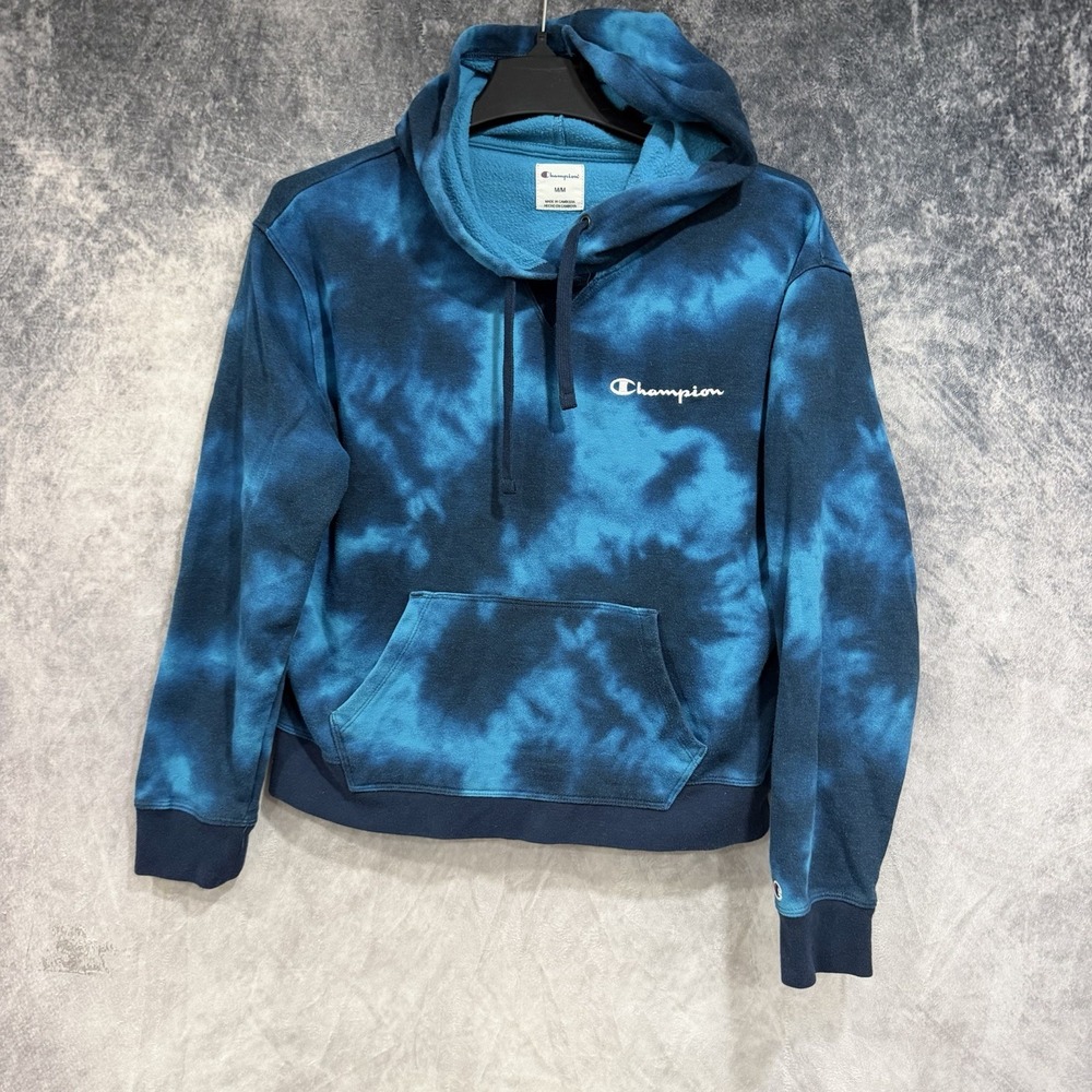 Champion Hoodie Men's Medium Blue Tie Dye Pullover Fleece Sweatshirt Drawstring